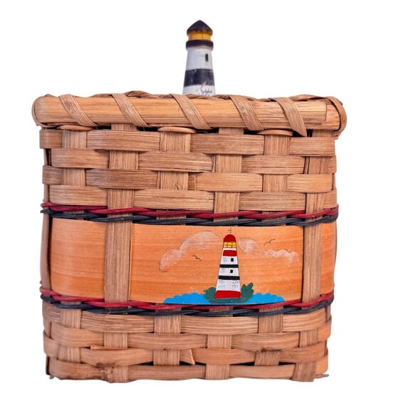 Karen Traub Coastal Wicker Basket Lighthouse Lid VTG Woven Nautical Storage - Picture 3 of 16